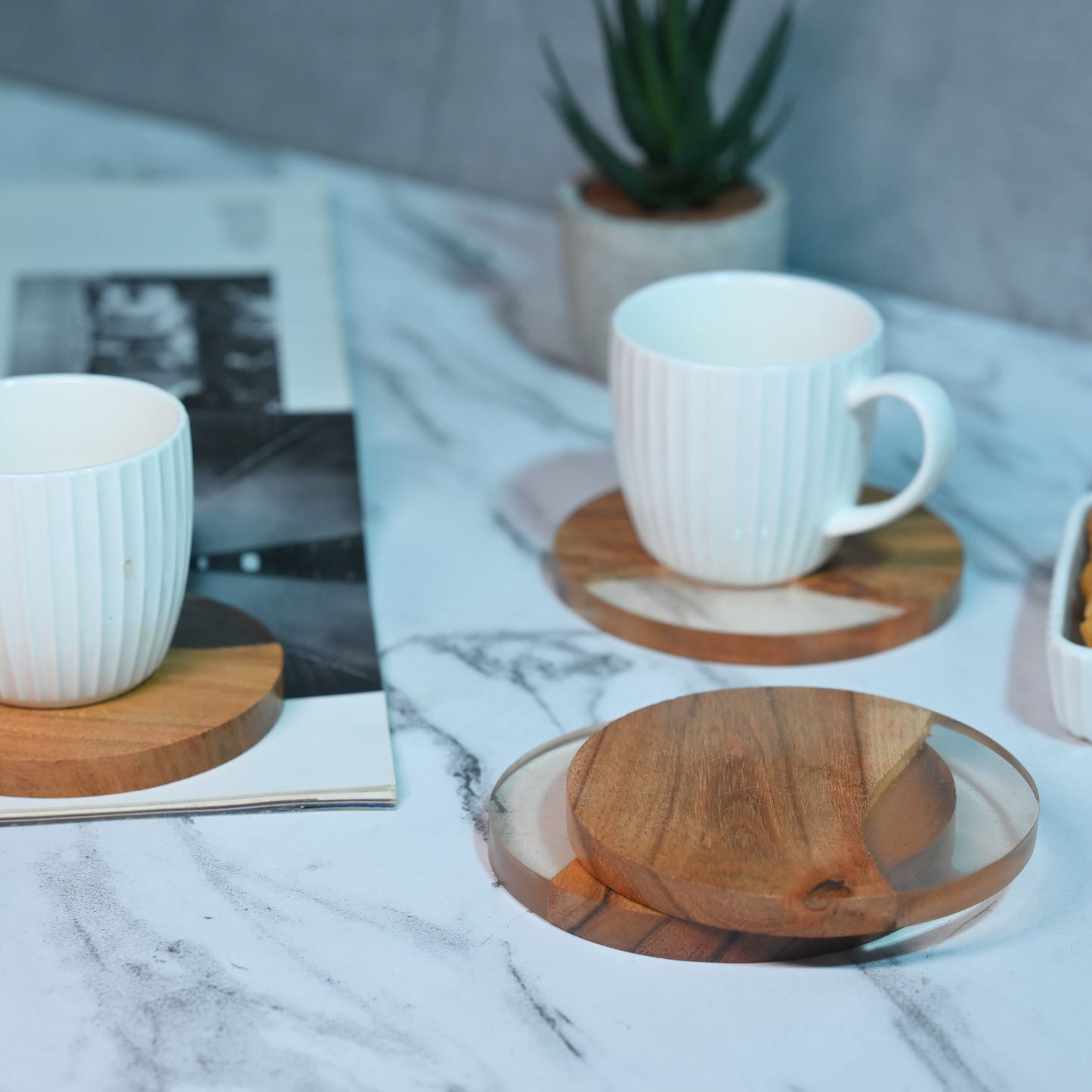 Pearl White Resin and Wooden Round Coasters- Set of 4