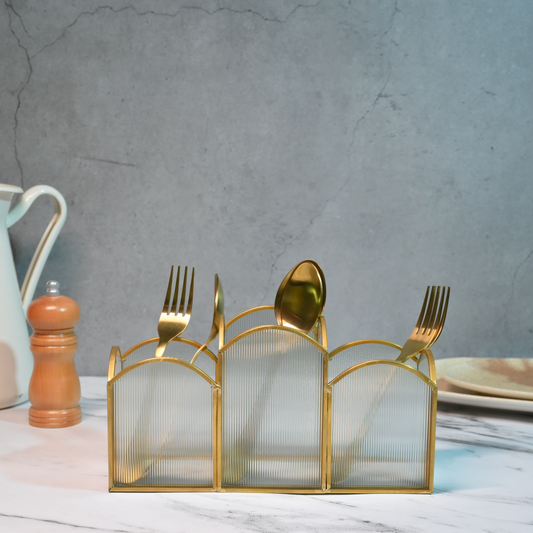 Glass Cutlery Holder with Gold Trims