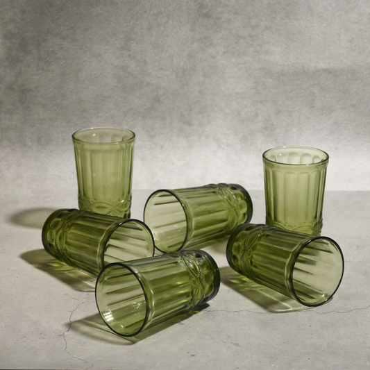 Green Tinted Textured Glass- Tall- Set of 6