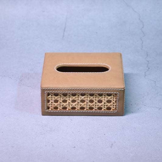 Tan Brown Rattan Tissue Box- Square