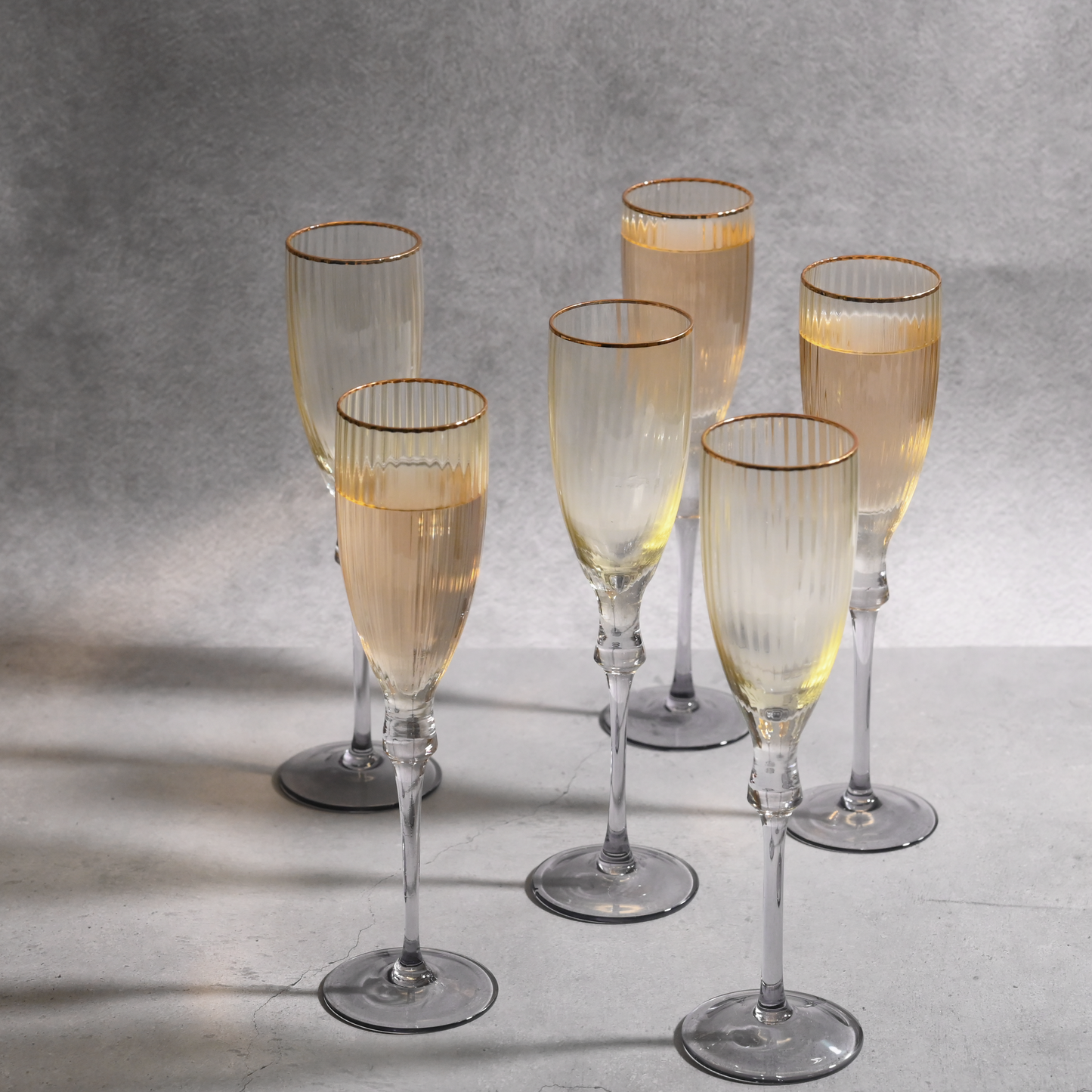 Yellow Tinted Ribbed Champagne Flute Glass- Set of 6