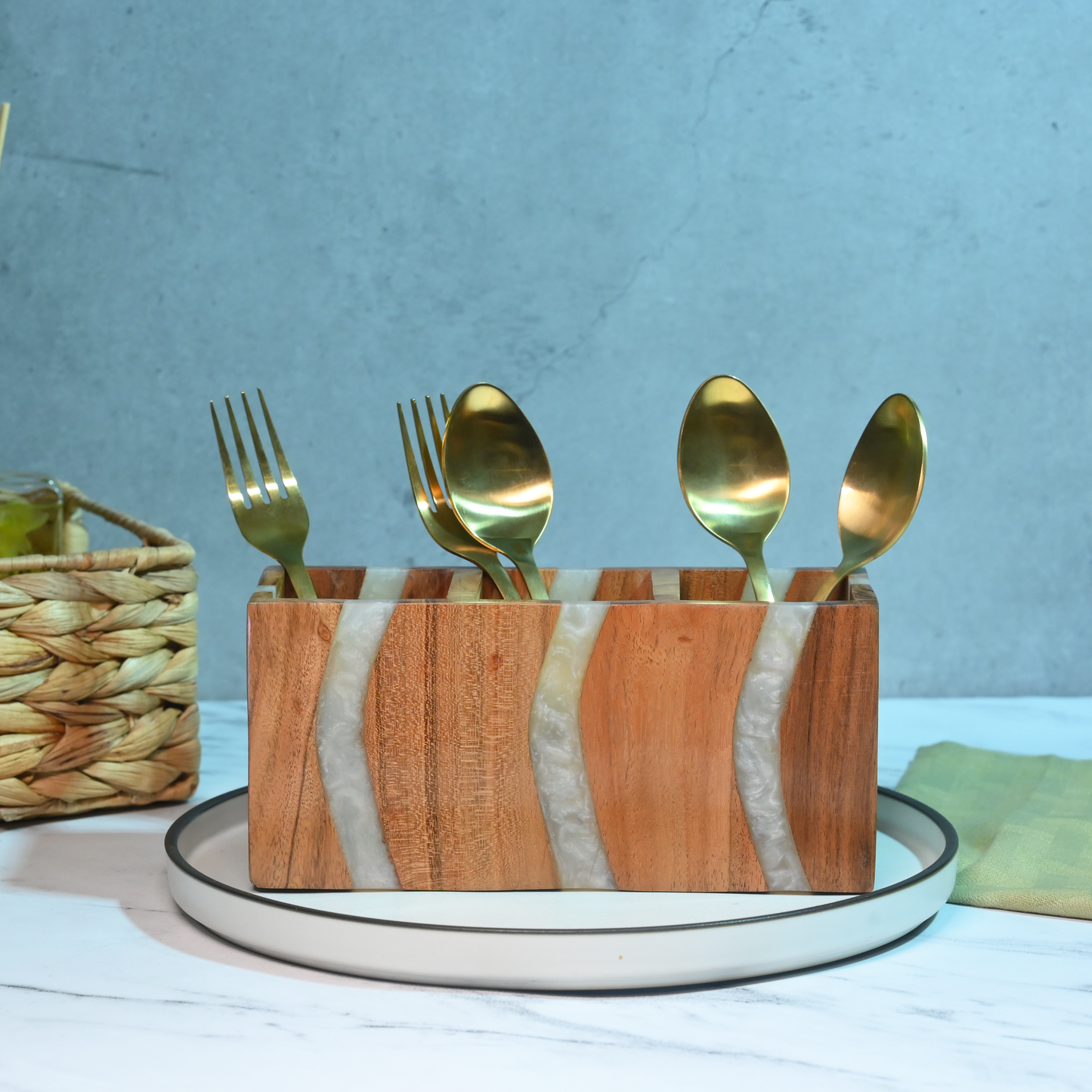 Pearl White Resin and Wooden Cutlery Holder