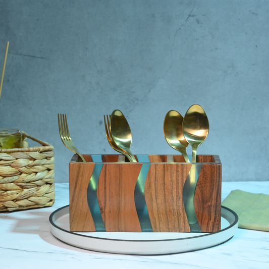 Turquoise Resin and Wooden Cutlery Holder