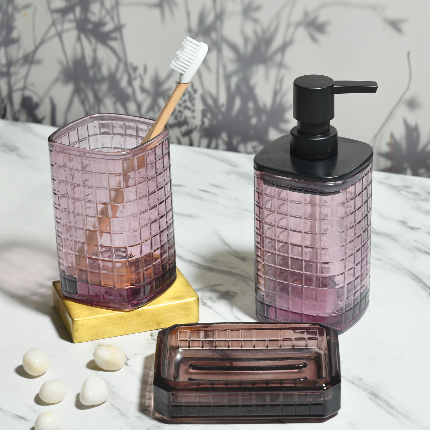 Old Mauve Tinted Glass 3-Piece Bathroom Set