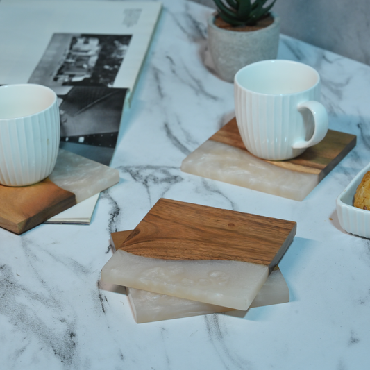 Pearl White Resin and Wooden Square Coasters- Set of 4