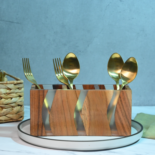 Brown Translucent Resin and Wooden Cutlery Holder