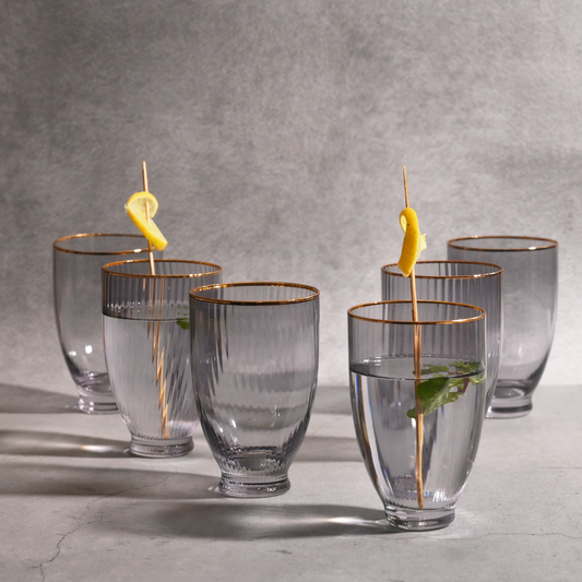 Gray Tinted Ribbed Glass- Tall-  Set of 6