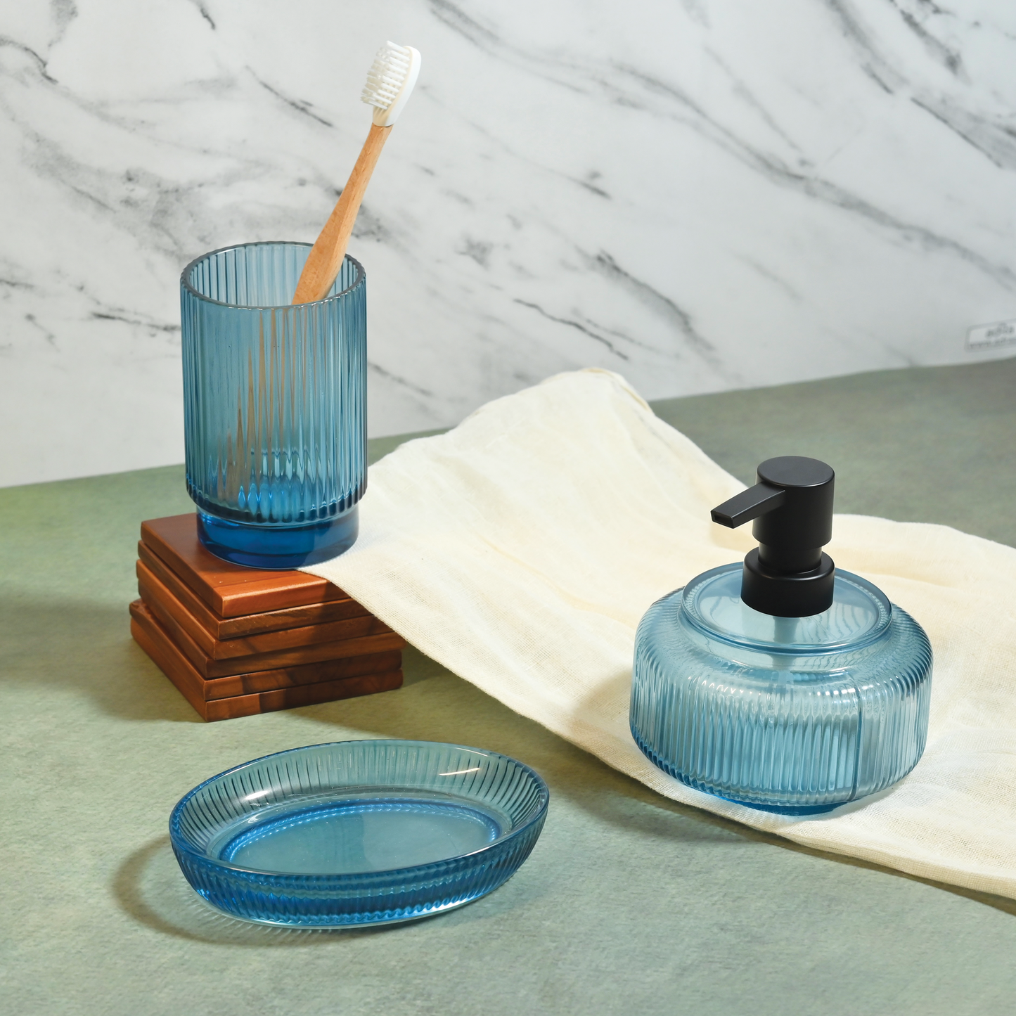 Steel Blue Tinted Glass 3-Piece Bathroom Set