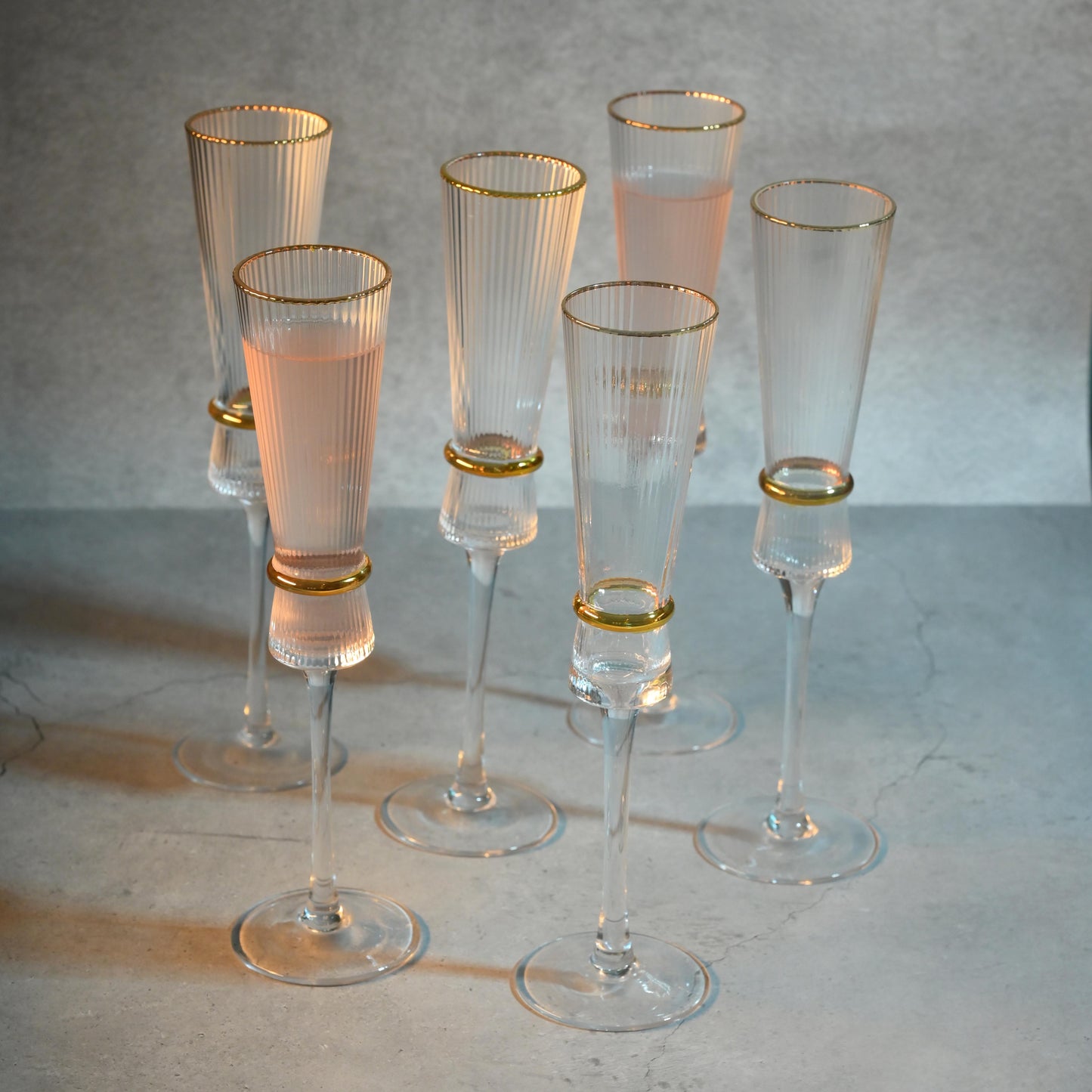 Ribbed Champagne Flute Glass with Gold Rim- Set of 6