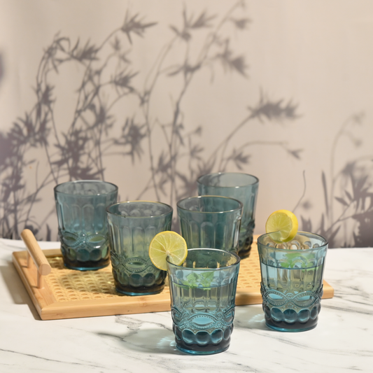 Blue Tinted Textured Glass- Short- Set of 6