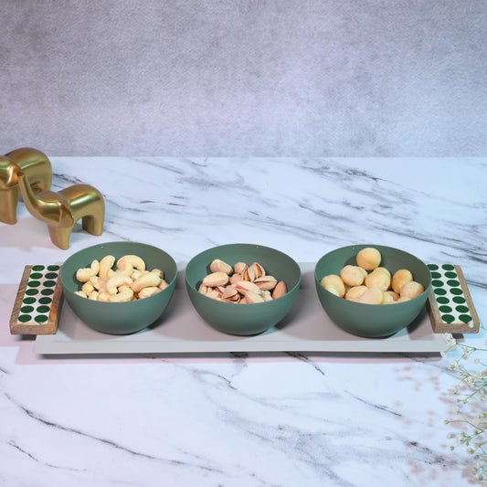 Geometric Metal Tray Set with 3 Serving Bowls