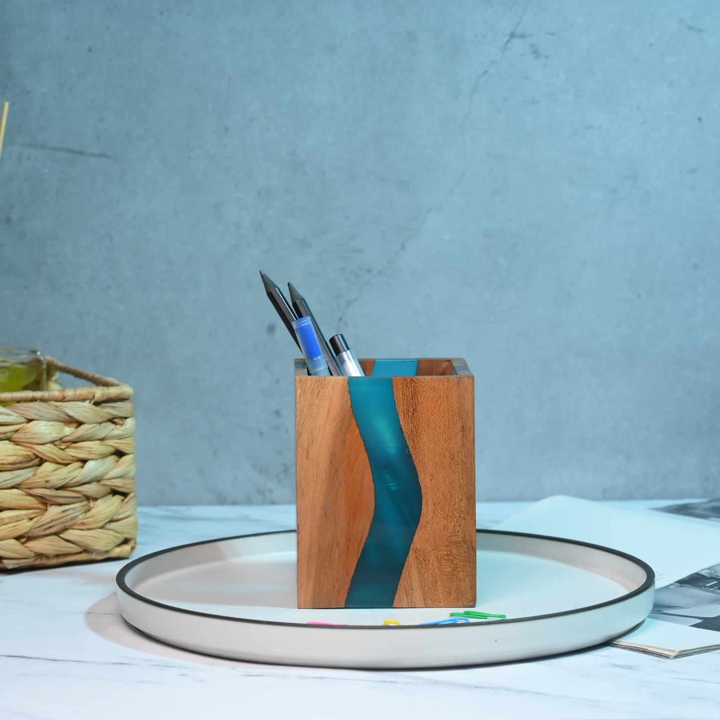 Turquoise Resin and Wooden Stationery Holder