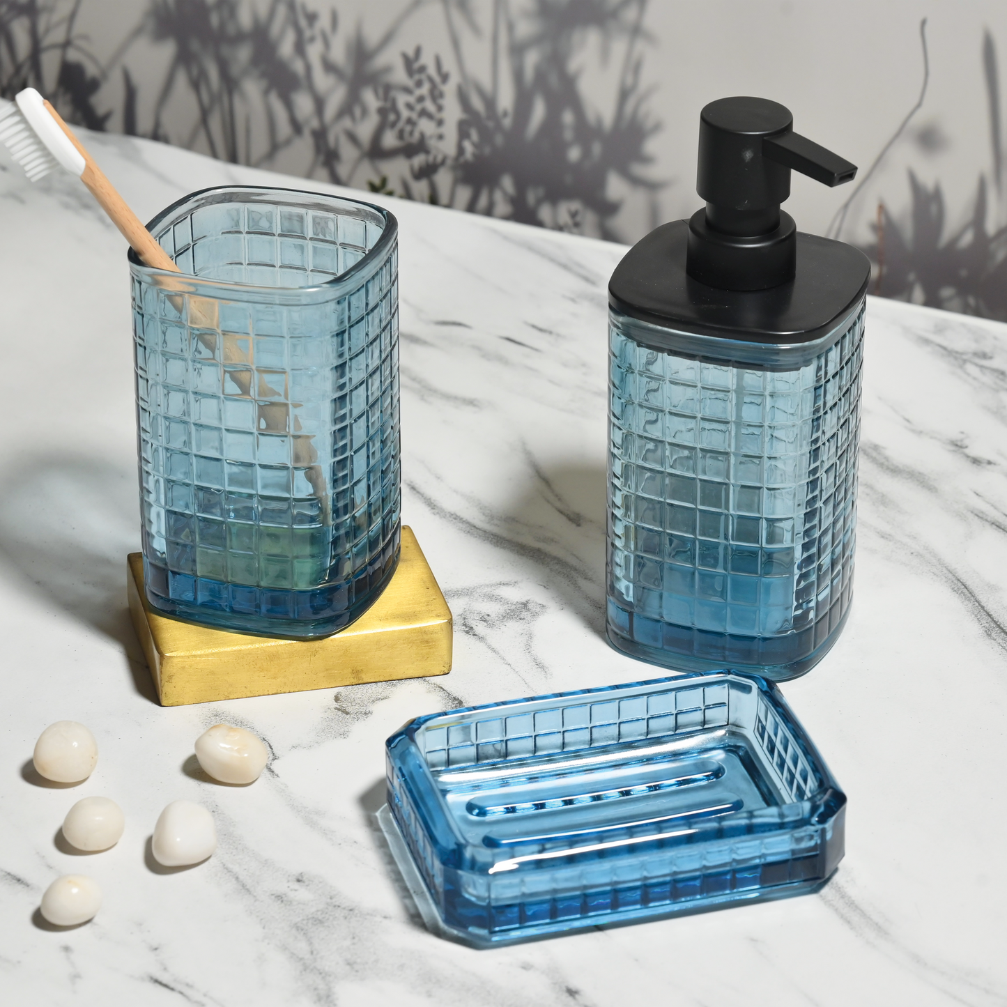 Marine Blue Tinted Glass 3-Piece Bathroom Set