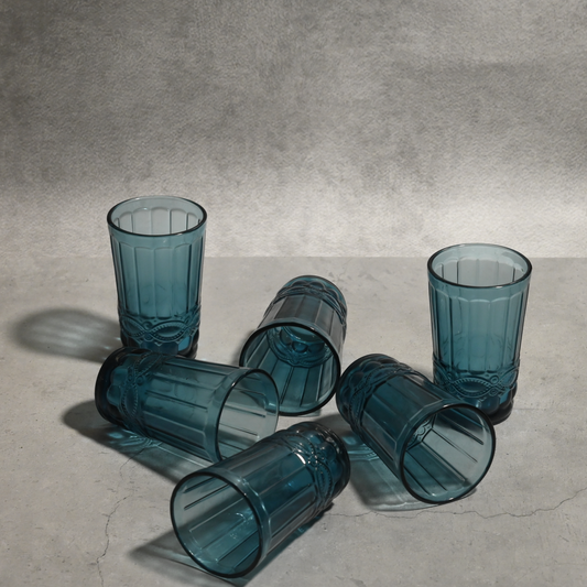 Blue Tinted Textured Glass- Tall- Set of 6