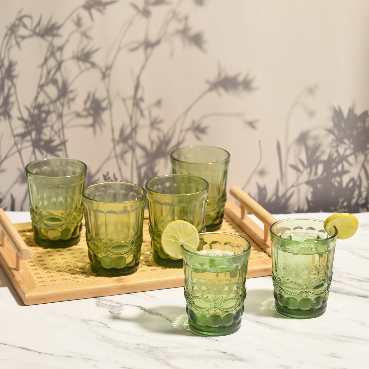 Green Tinted Textured Glass- Short- Set of 6