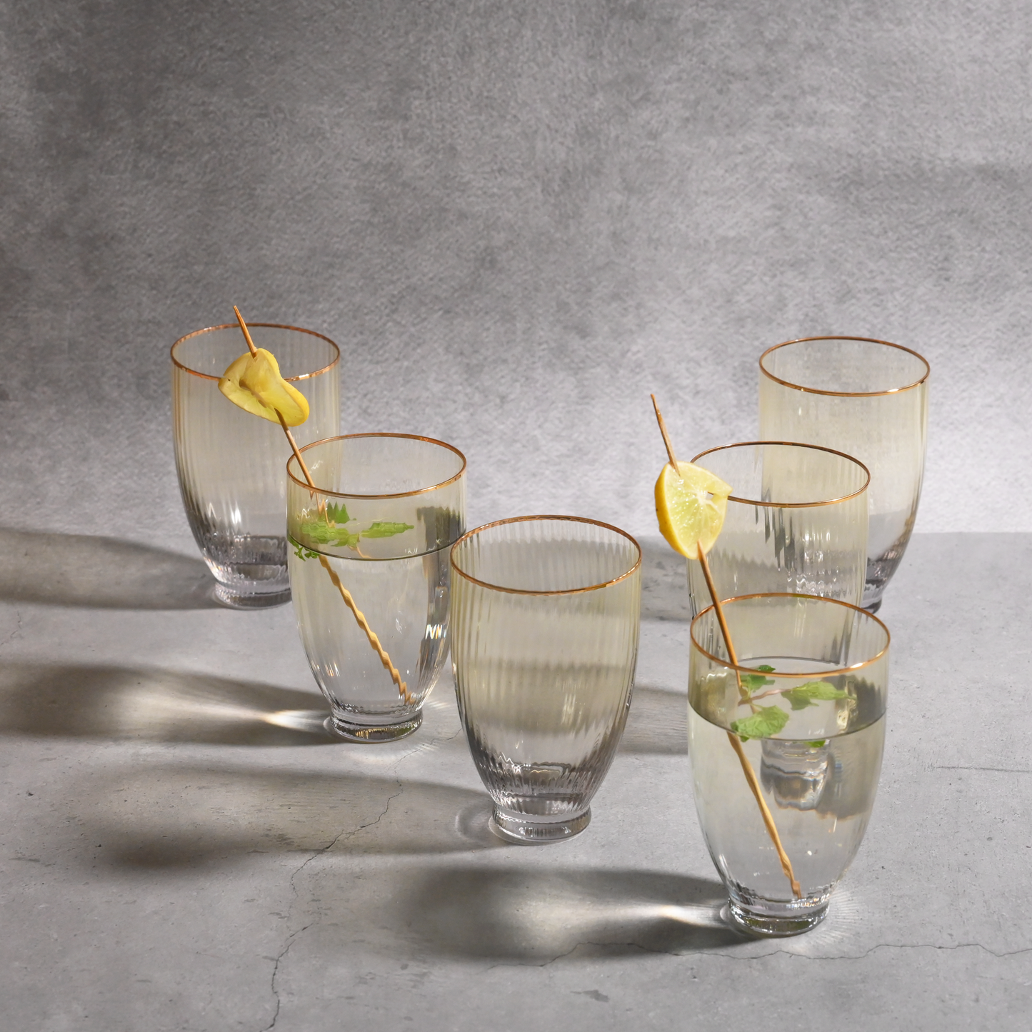 Yellow Tinted Ribbed Glass- Tall-  Set of 6