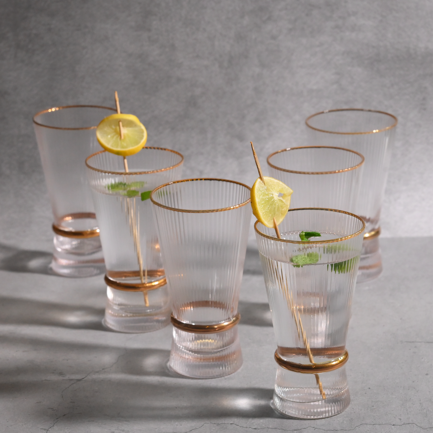 Ribbed Glass with Gold Rim- Tall- Set of 6