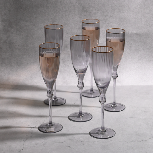 Gray Tinted Ribbed Champagne Flute Glass-  Set of 6