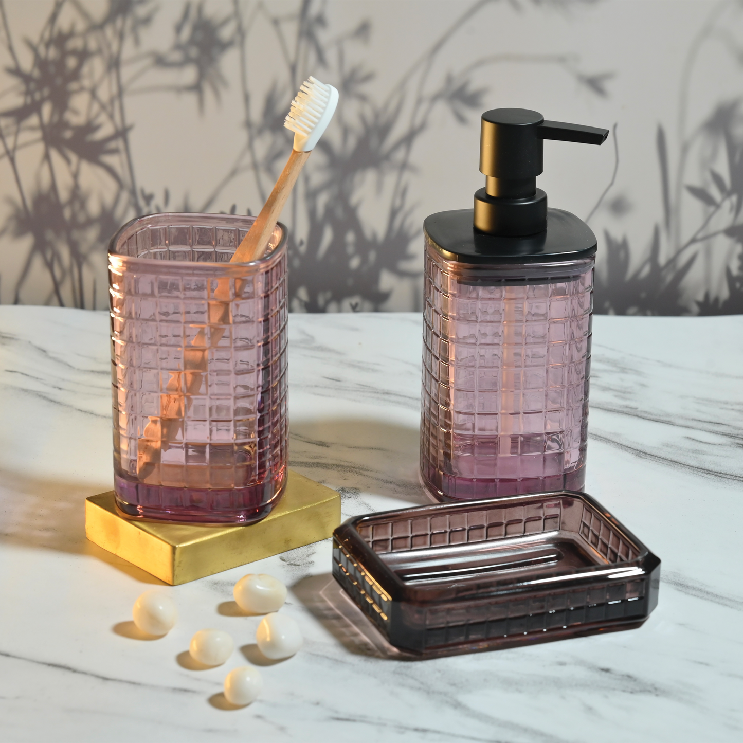 Old Mauve Tinted Glass 3-Piece Bathroom Set