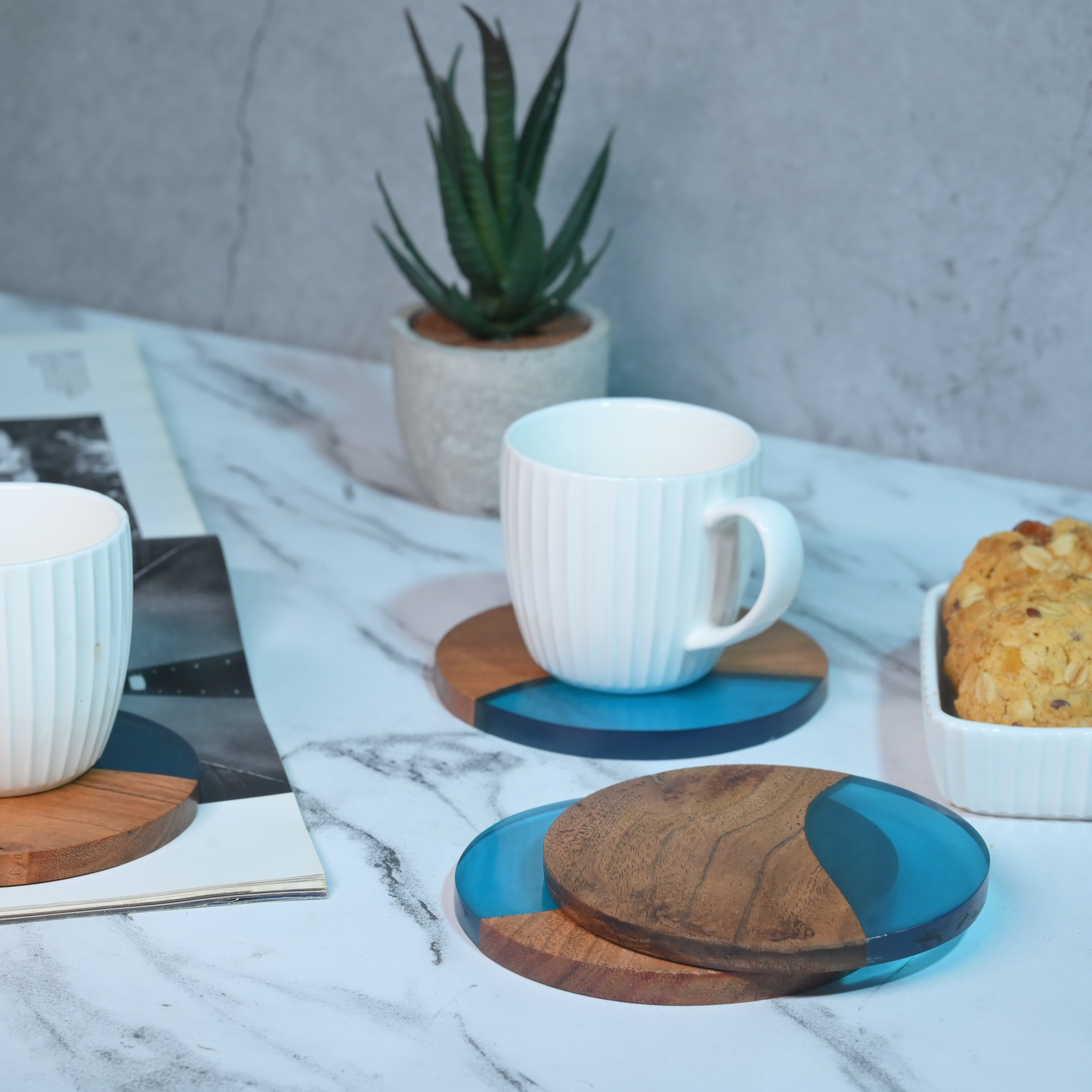 Turquoise Resin and Wooden Round Coasters- Set of 4