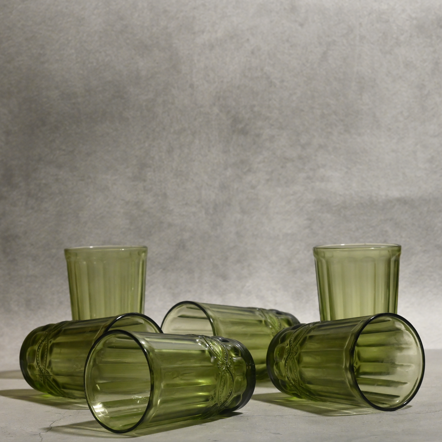 Green Tinted Textured Glass- Tall- Set of 6