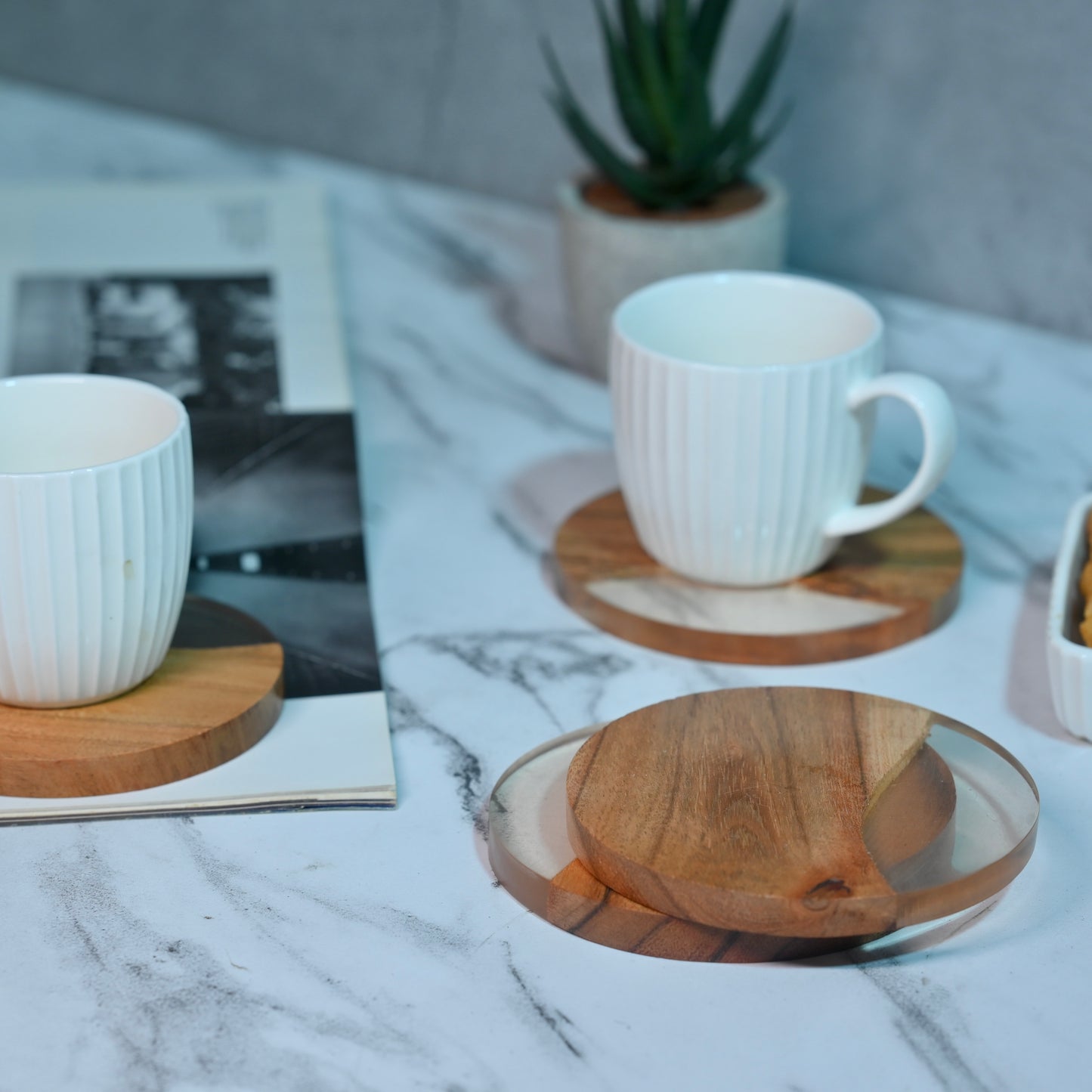 Brown Translucent Resin and Wooden Round Coasters- Set of 4