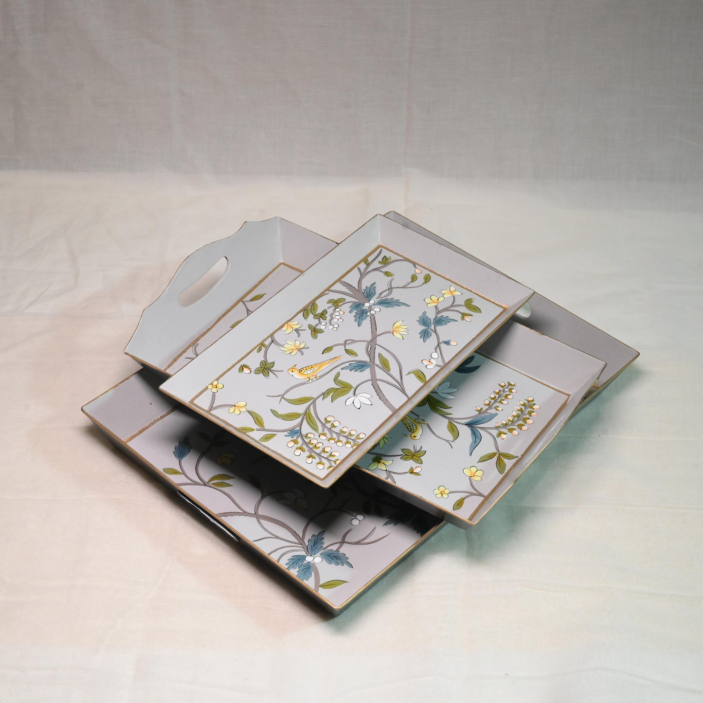 Hand-painted Gray Blossom Serving Tray- Medium