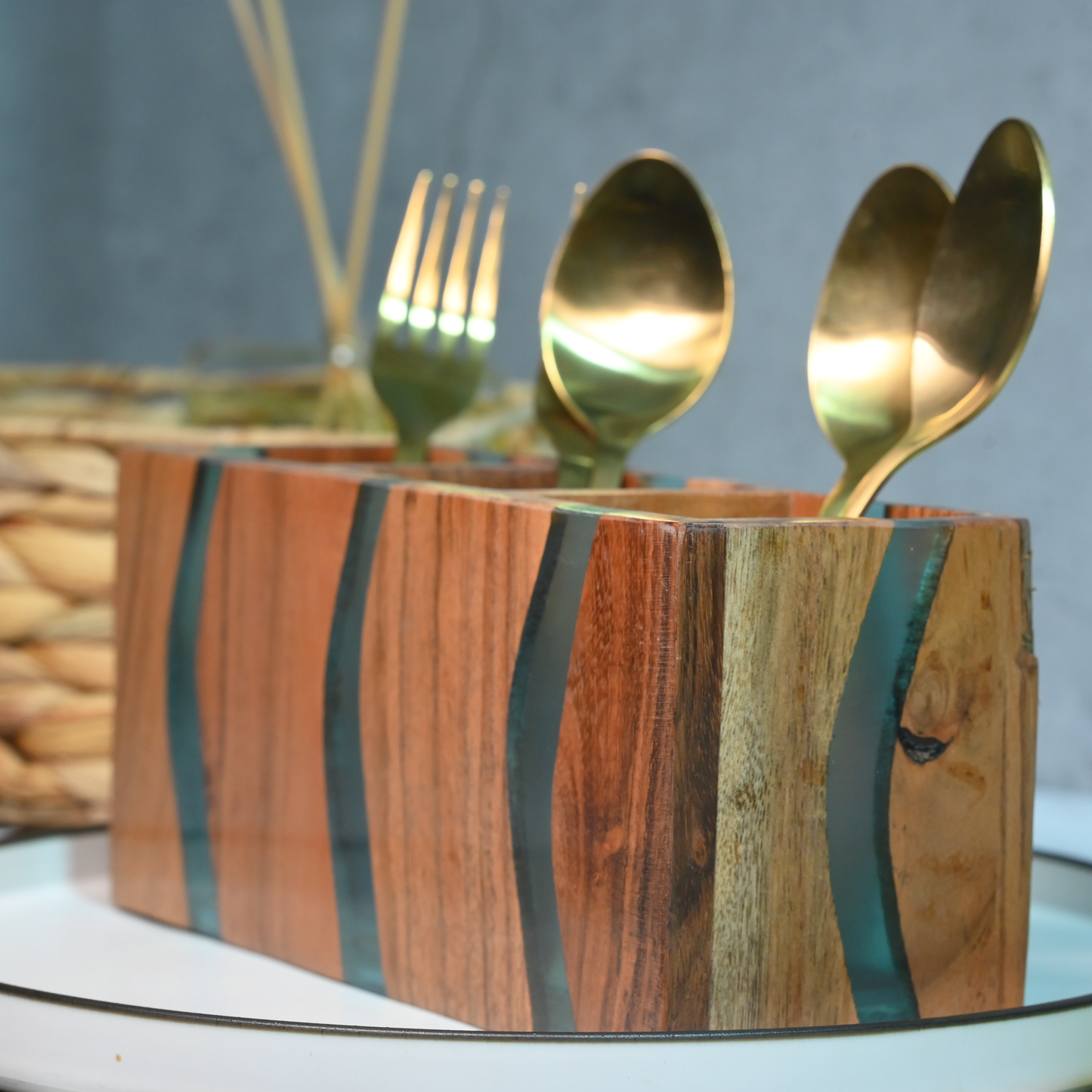 Turquoise Resin and Wooden Cutlery Holder