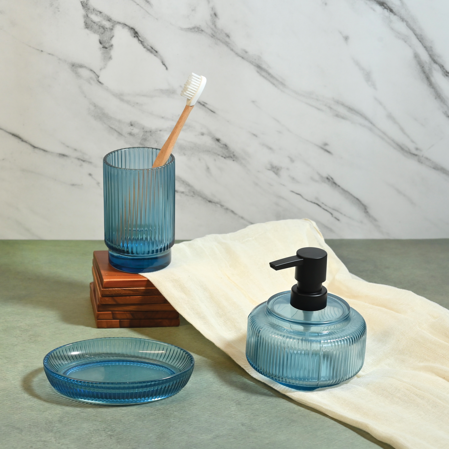 Steel Blue Tinted Glass 3-Piece Bathroom Set