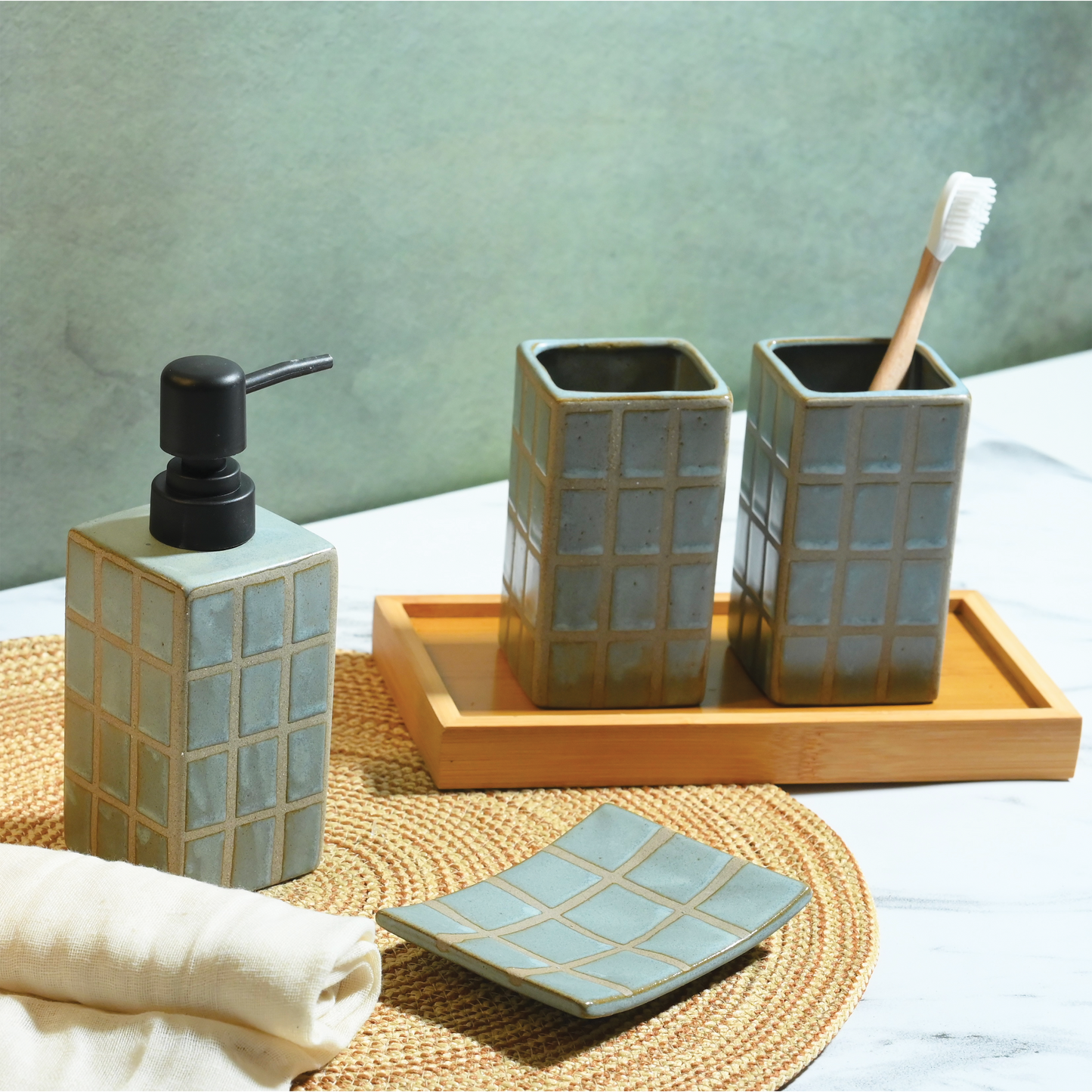 Powder Blue Textured Ceramic 4-Piece Bathroom Set