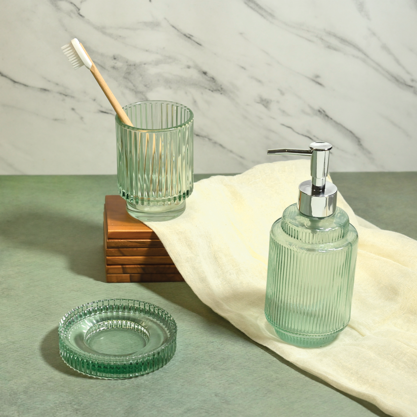 Aquamarine Tinted Glass 3-Piece Bathroom Set