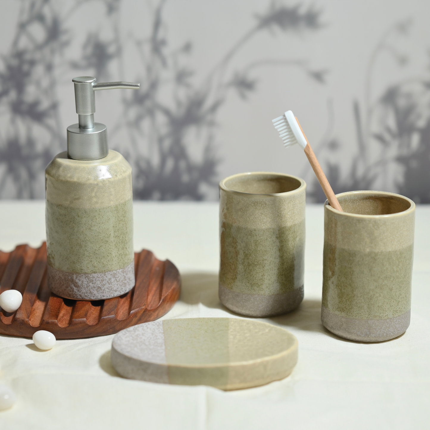 Grayish-Green Textured Ceramic 4-Piece Bathroom Set