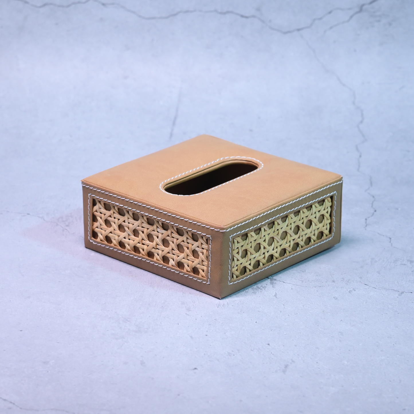 Tan Brown Rattan Tissue Box- Square