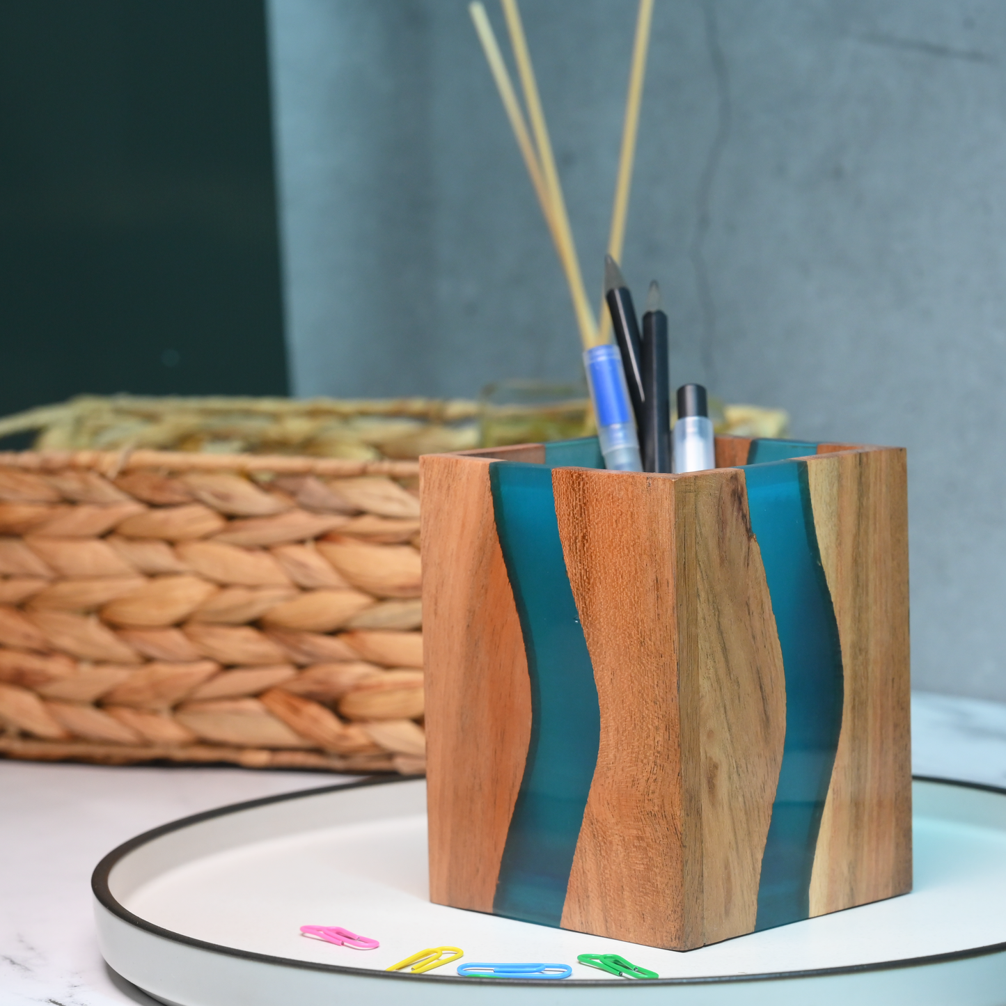 Turquoise Resin and Wooden Stationery Holder