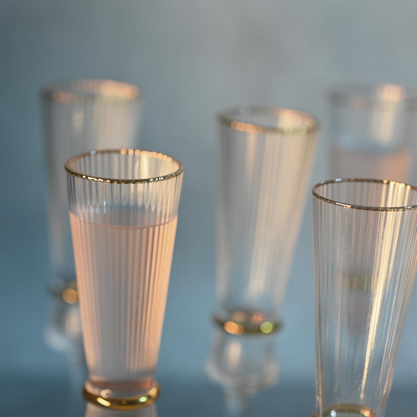 Ribbed Champagne Flute Glass with Gold Rim- Set of 6