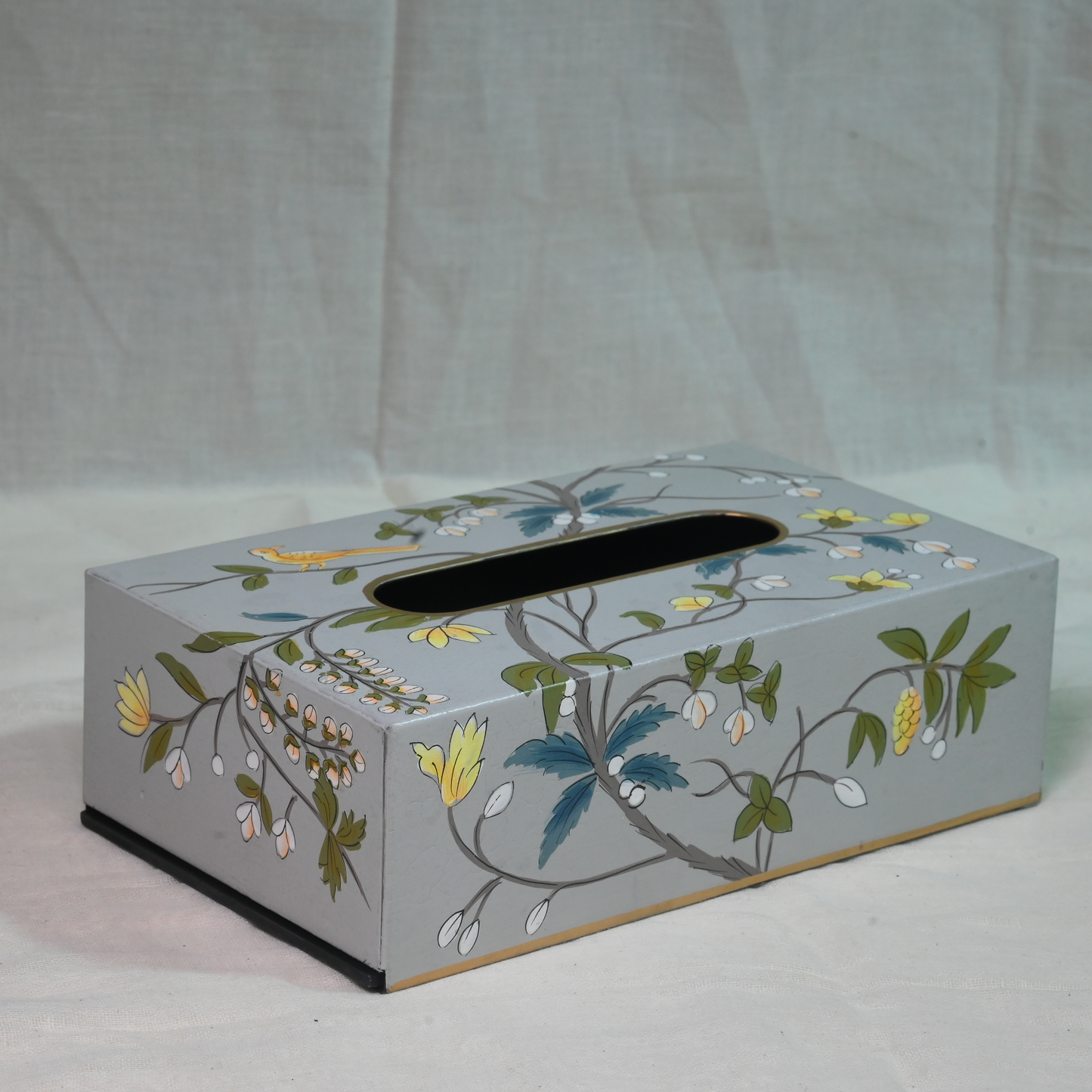 Hand-painted Gray Blossom Tissue Box