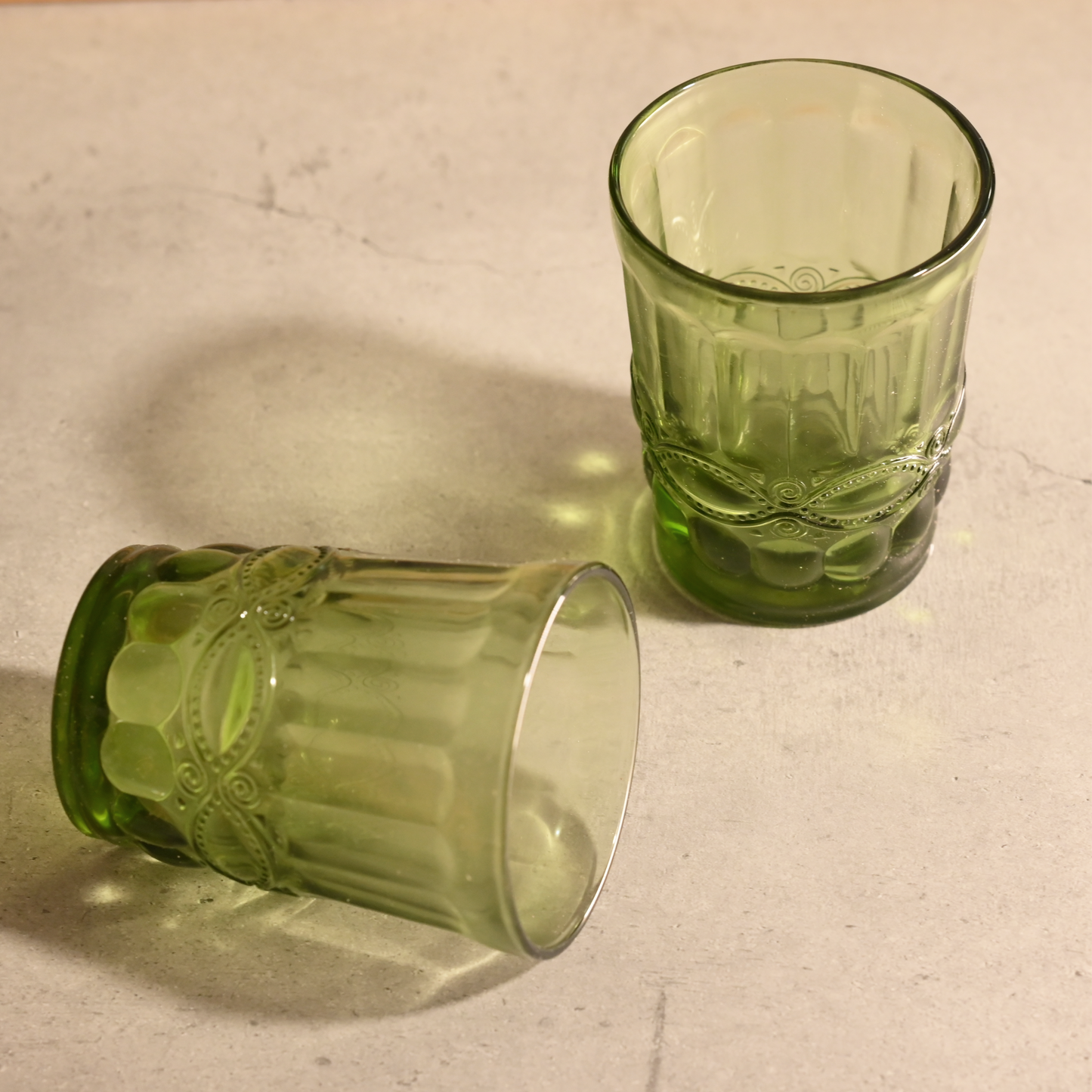 Green Tinted Textured Glass- Short- Set of 6