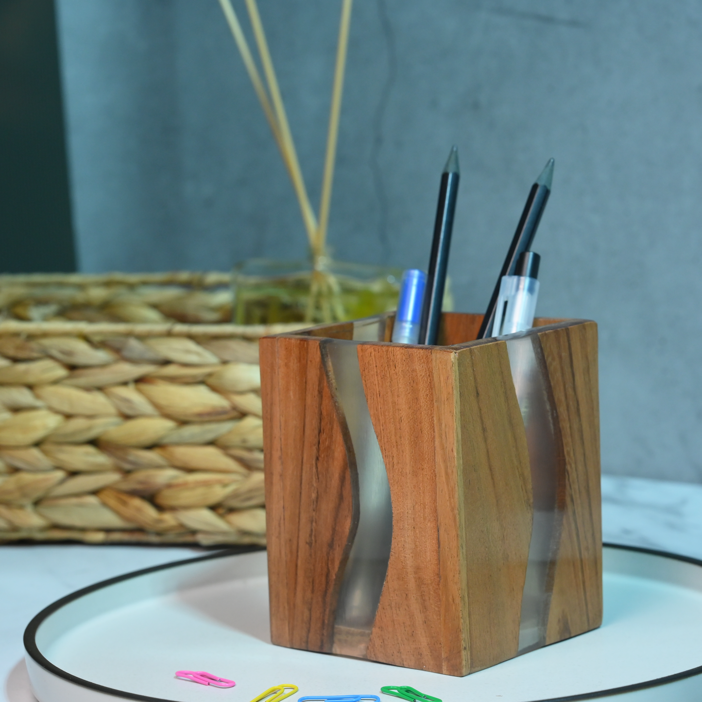 Brown Translucent Resin and Wooden Stationery Holder