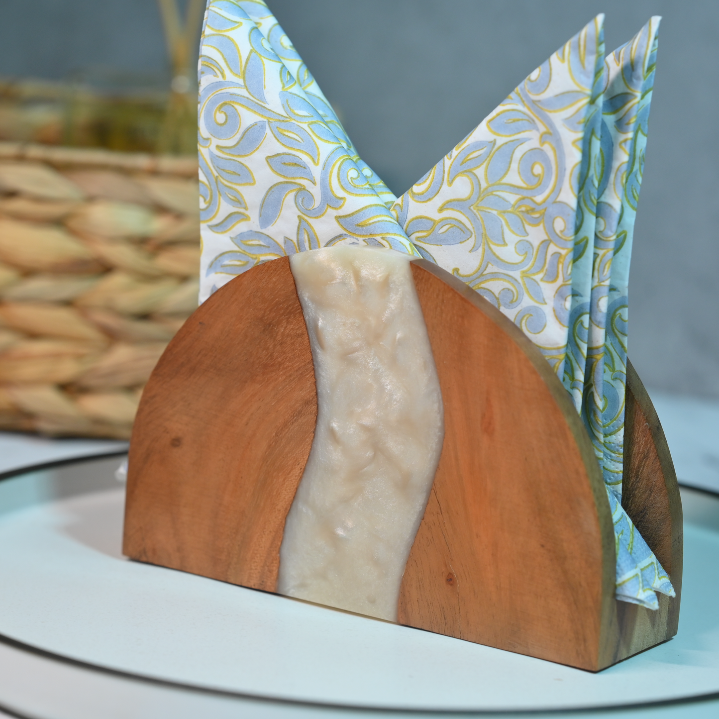 Pearl White Resin and Wooden Napkin Holder