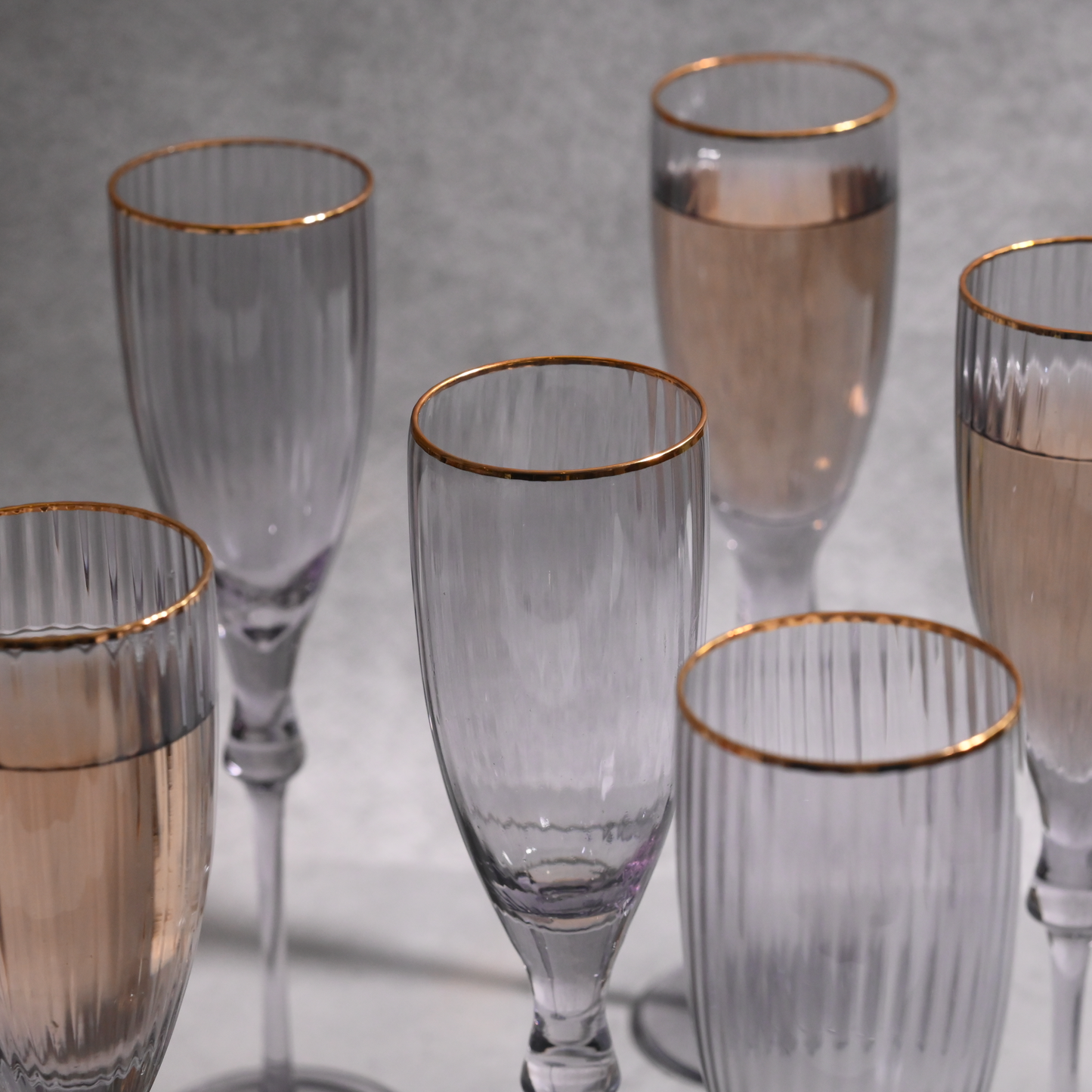 Gray Tinted Ribbed Champagne Flute Glass-  Set of 6