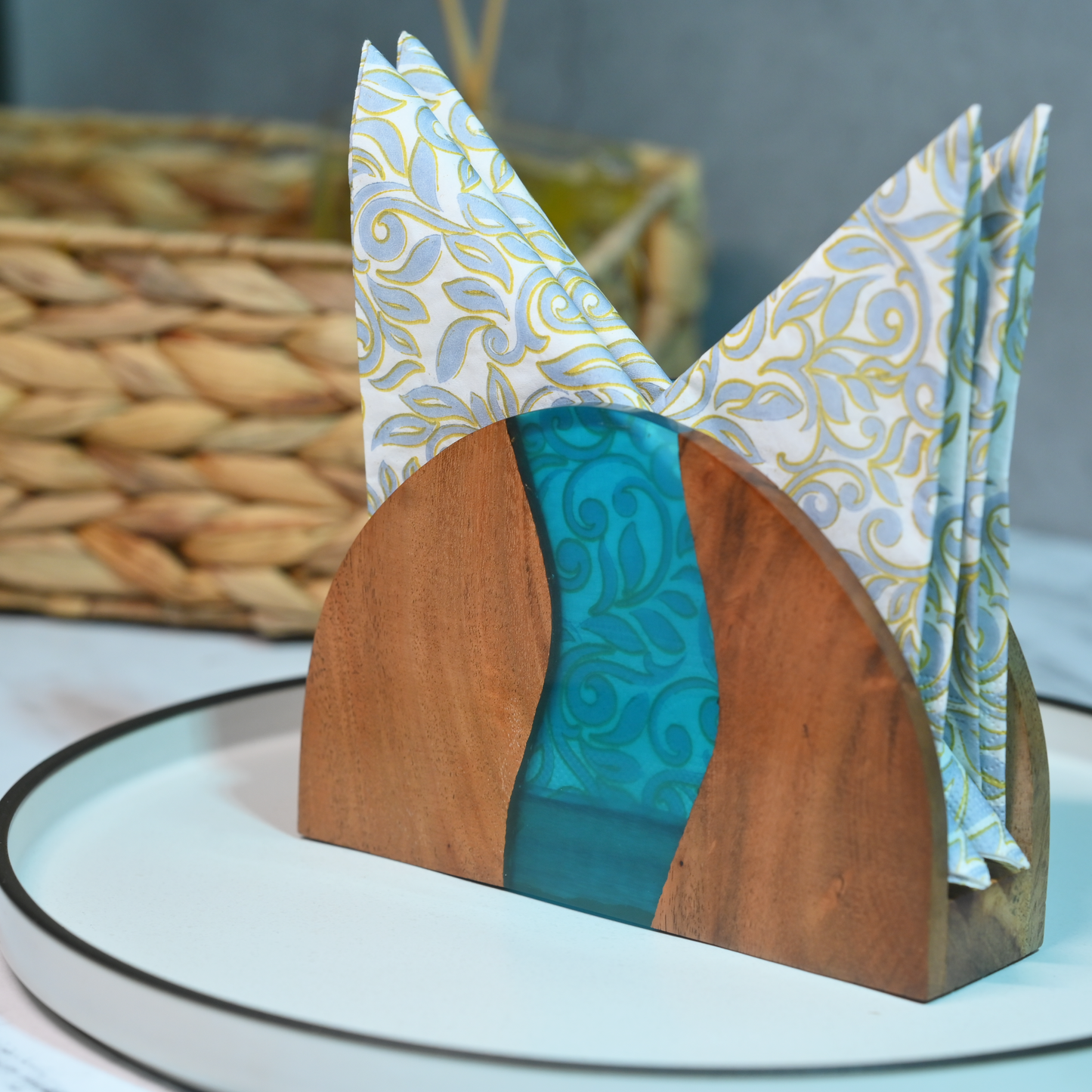 Turquoise Resin and Wooden Napkin Holder