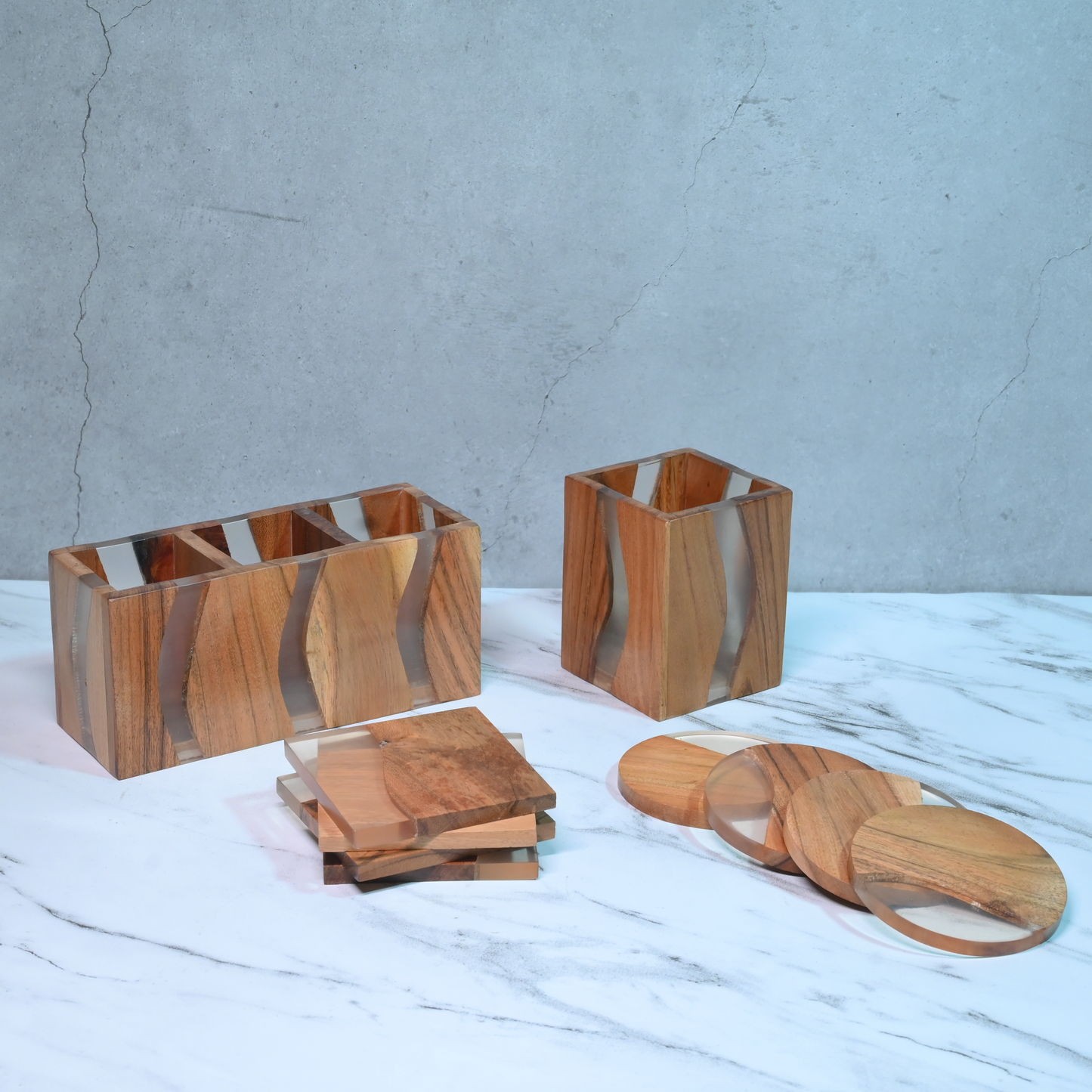 Brown Translucent Resin and Wooden Stationery Holder