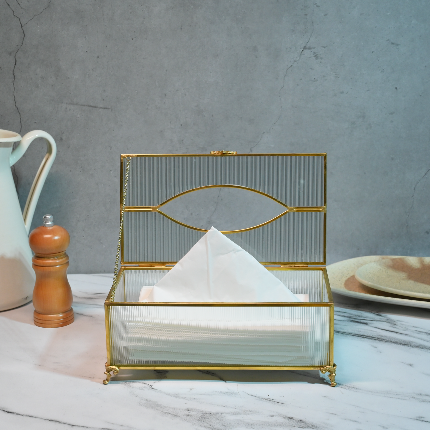 Glass Tissue Box with Gold Trims