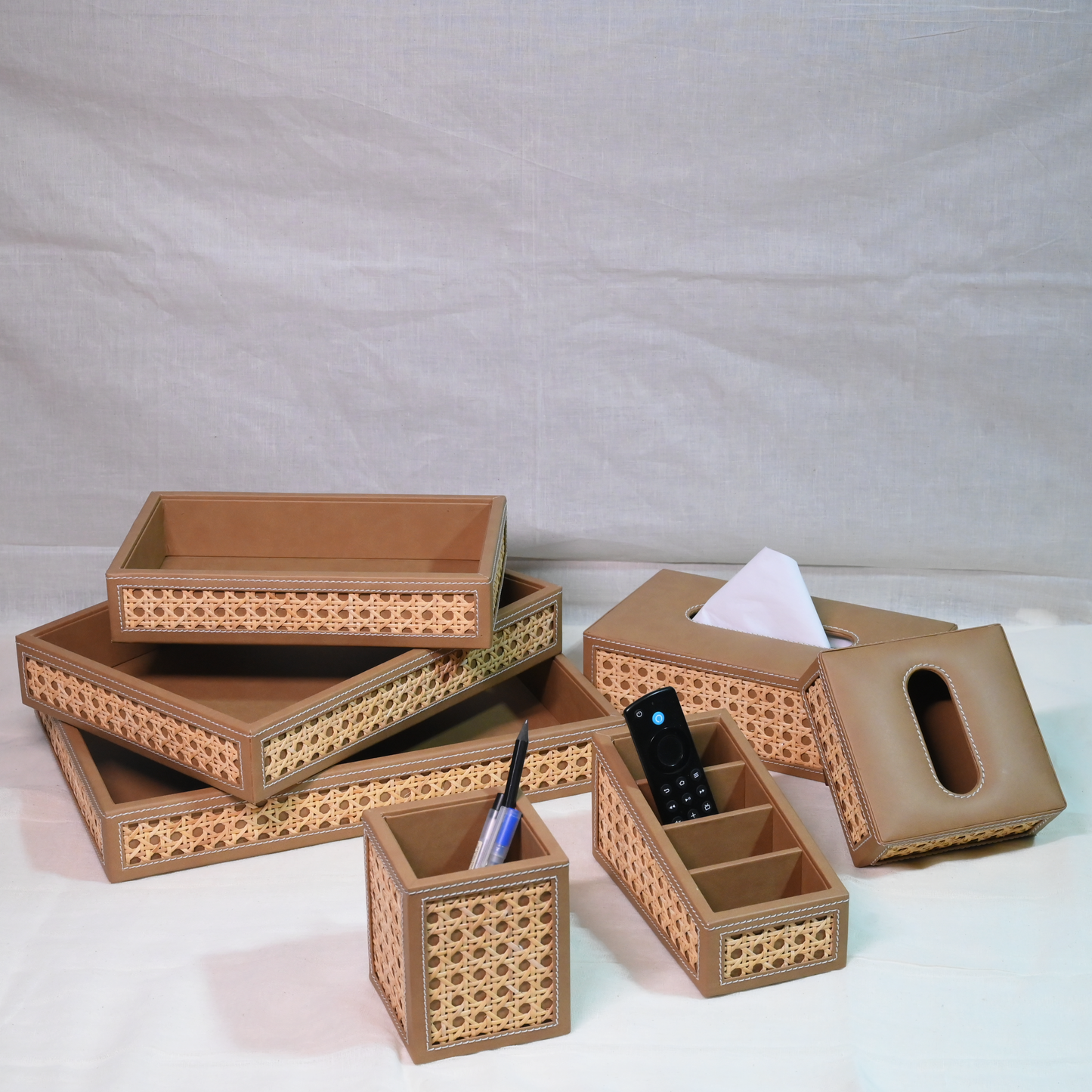 Tan Brown Rattan Stationery Holder