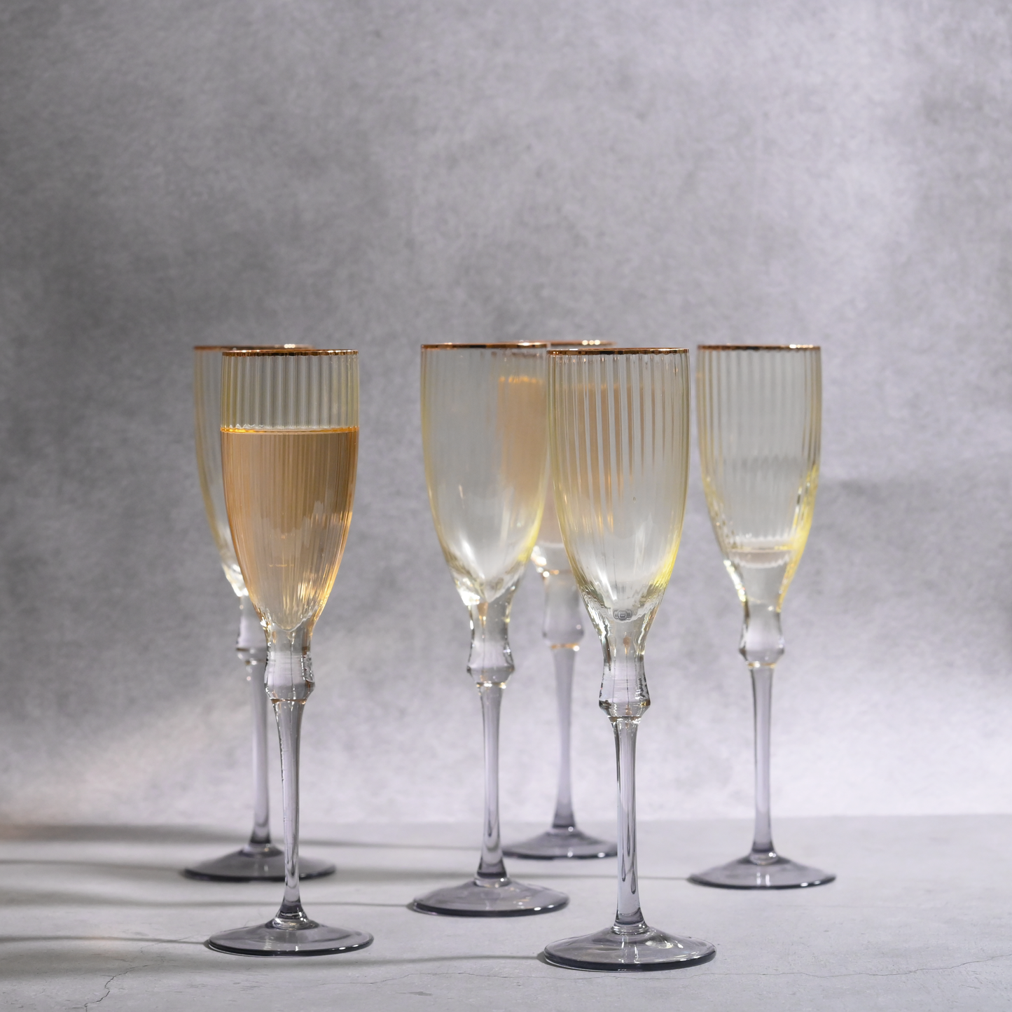 Yellow Tinted Ribbed Champagne Flute Glass- Set of 6