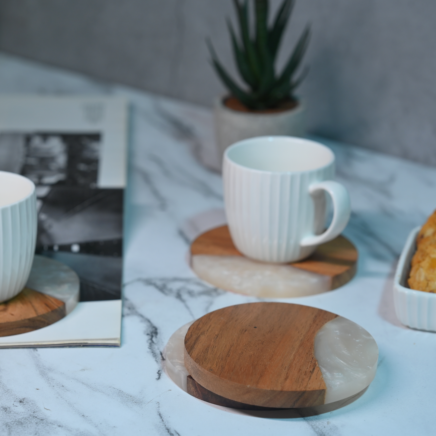 Pearl White Resin and Wooden Round Coasters- Set of 4