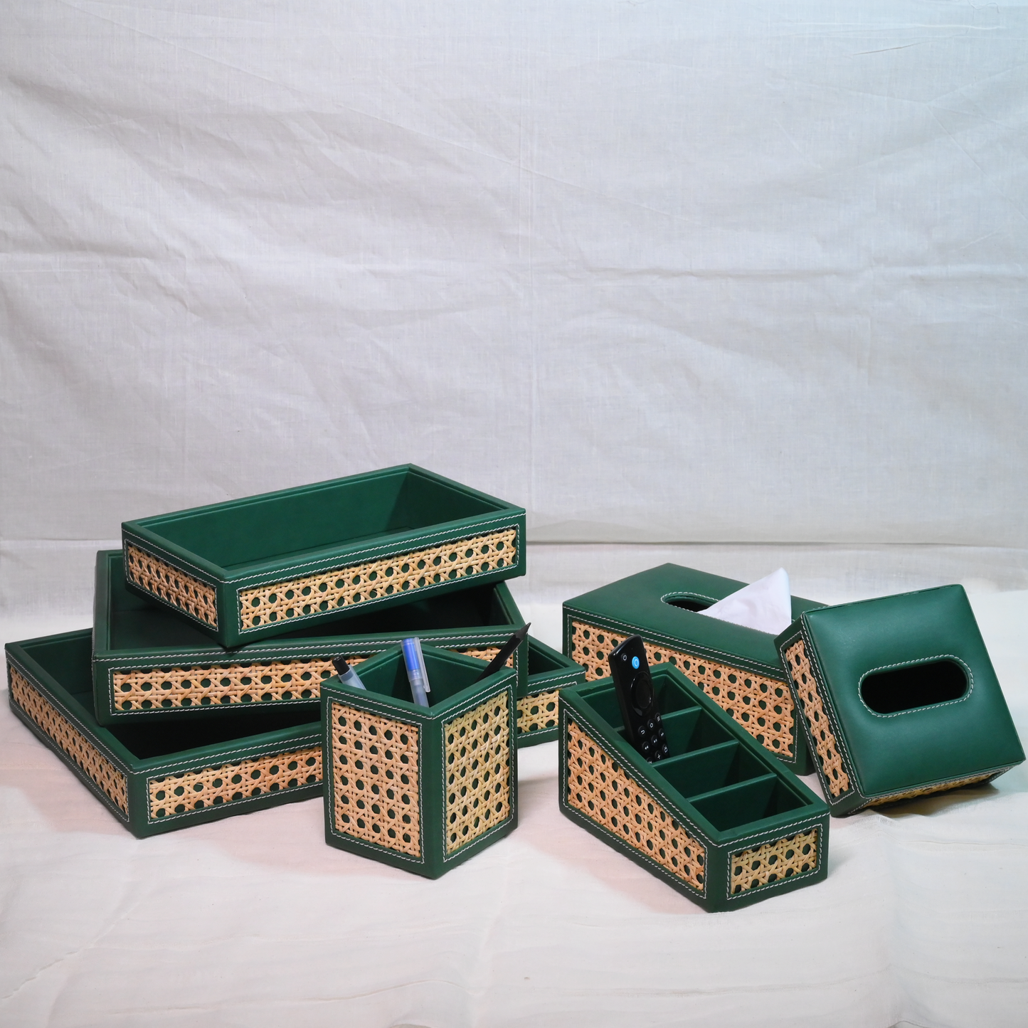 Emerald Green Rattan Stationery Holder