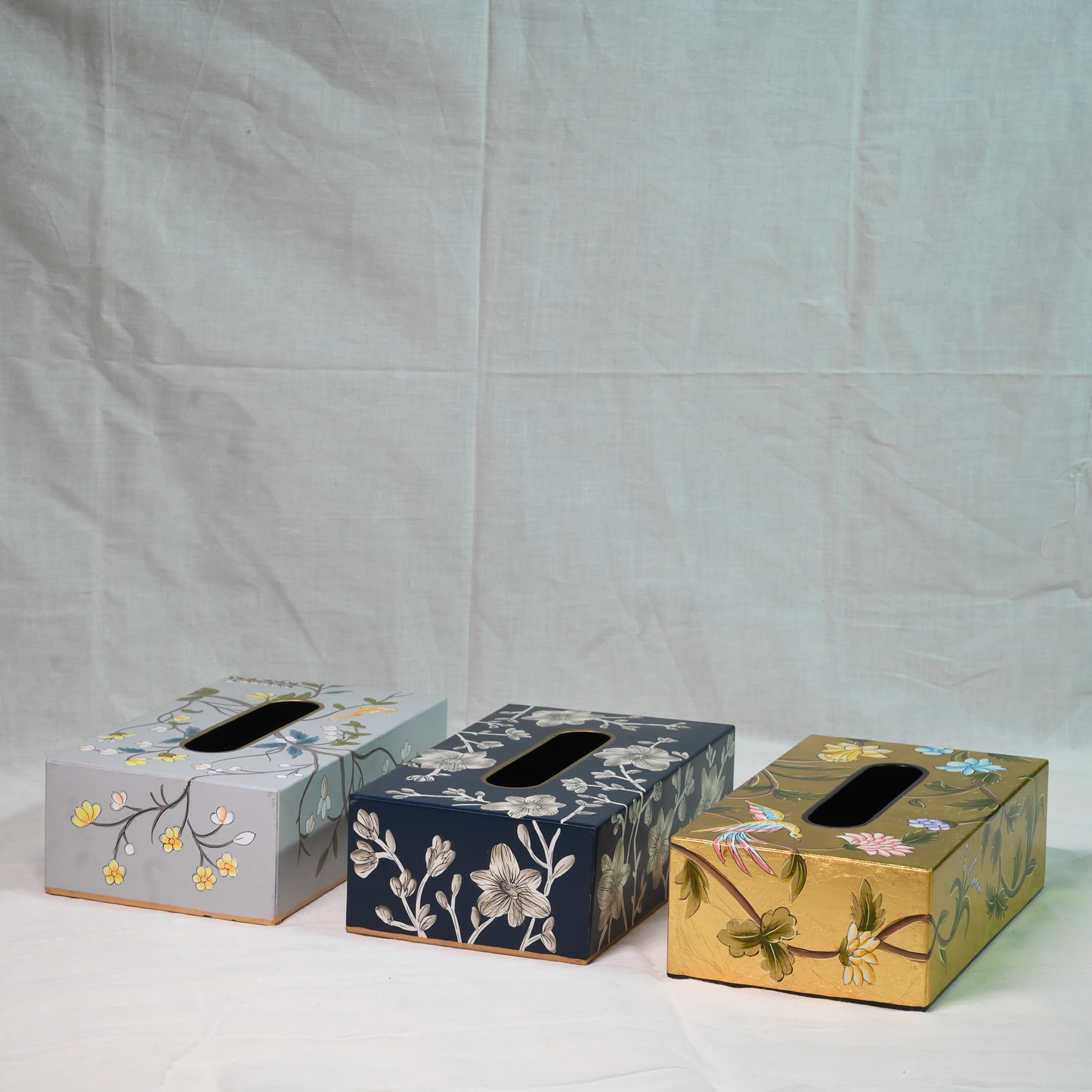 Hand-painted Gray Blossom Tissue Box