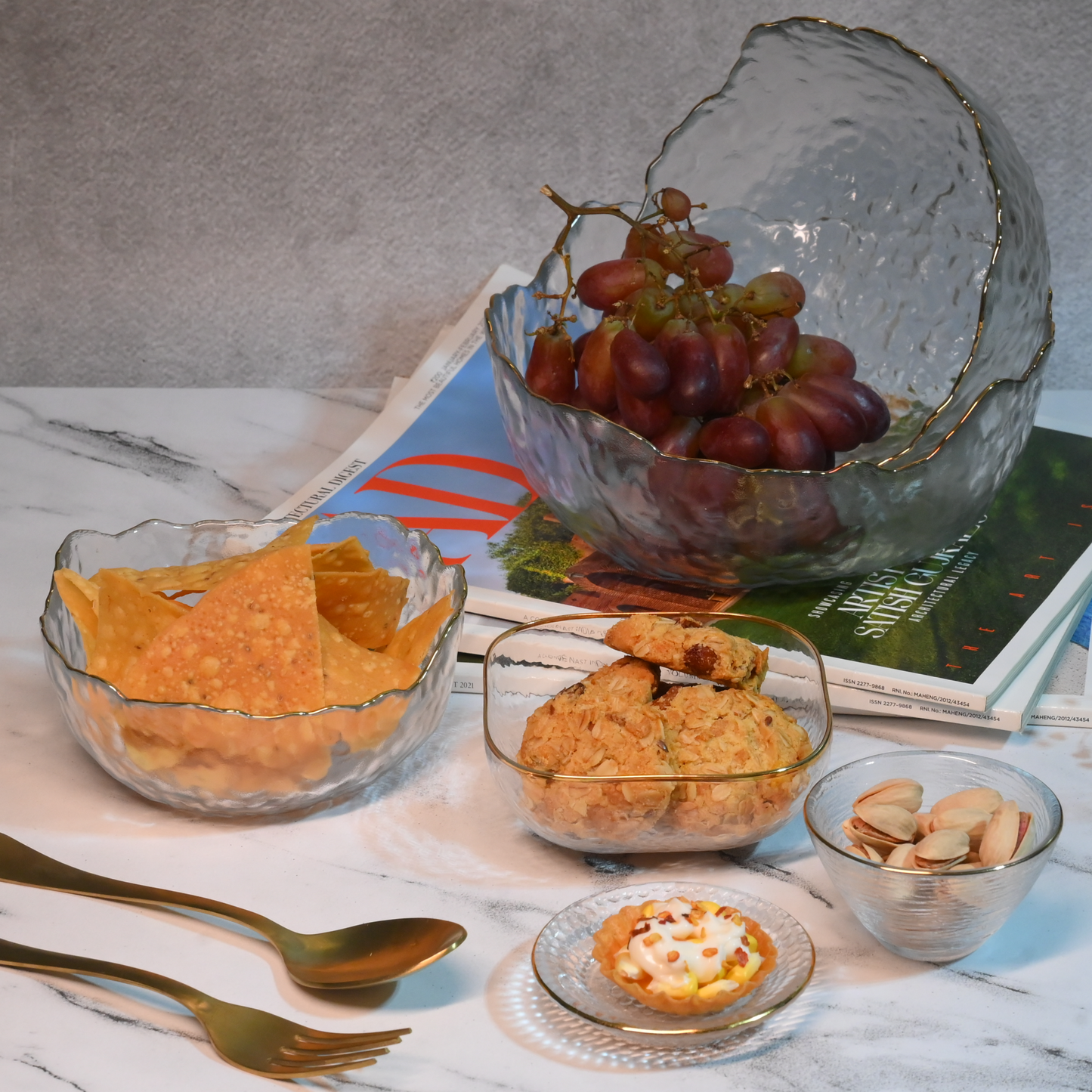 Textured Glass Bowl with Gold Rim