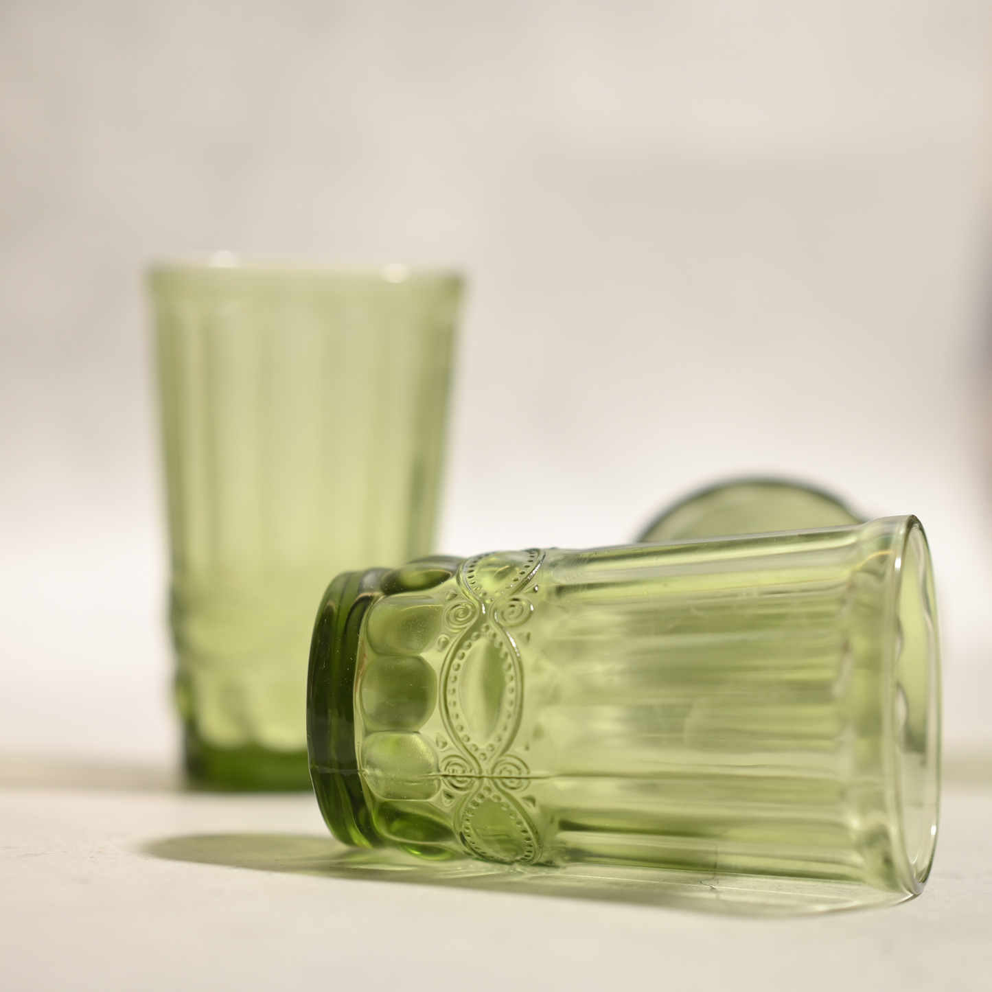 Green Tinted Textured Glass- Tall- Set of 6